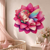 Sleeping pink-haired fairy with delicate wings resting on a large pink lotus flower with sparkly accents.