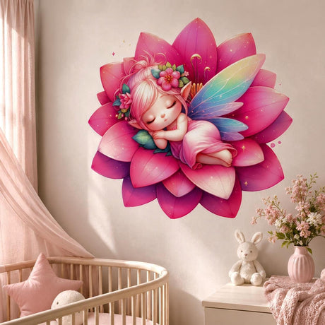 Sleeping pink-haired fairy with delicate wings resting on a large pink lotus flower with sparkly accents.