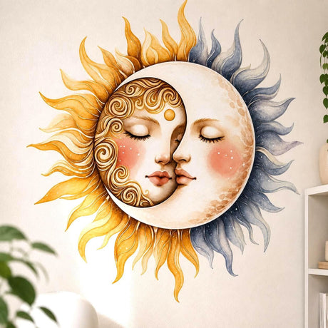 Sun and moon face wall vinyl decal in watercolor style with golden sun rays and silvery moon rays.