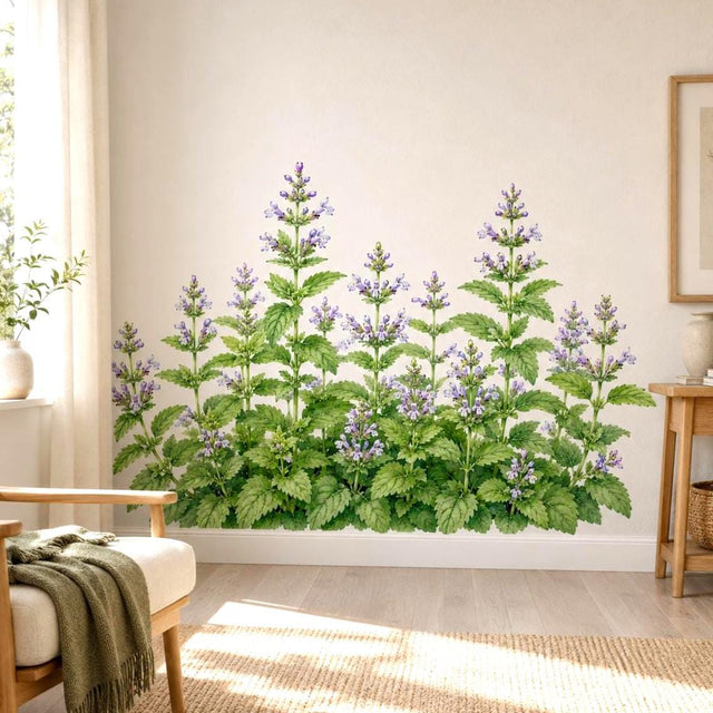 Watercolor-style wall vinyl decal of a lush lemon balm (melissa) plant.