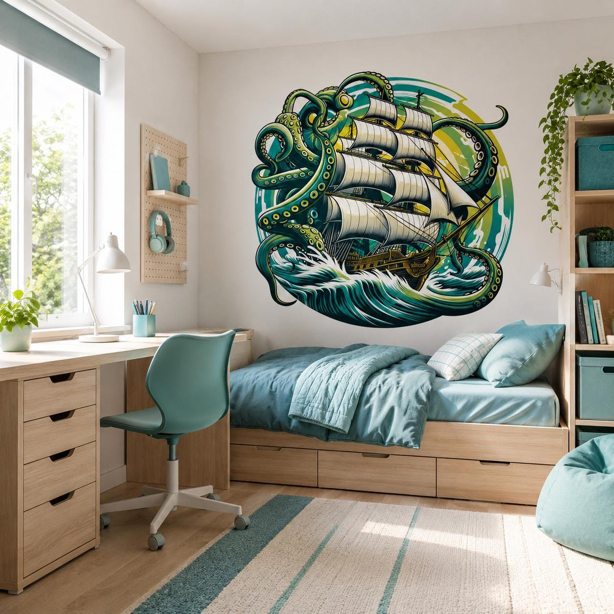 Product detail view of Kraken Pirate Ship Wall Vinyl Decal.