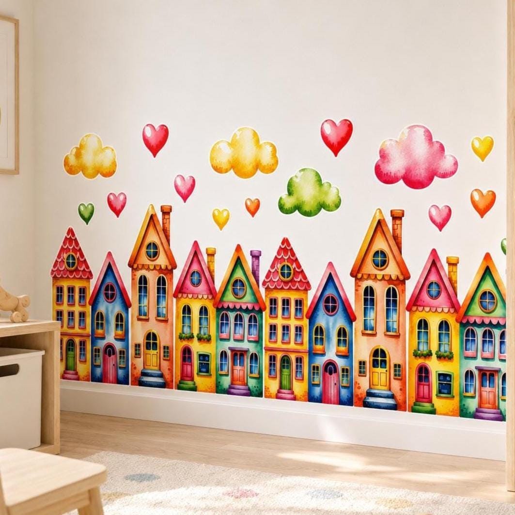 Watercolor wall vinyl decal of colorful rainbow houses in a row with cute clouds and floating hearts.