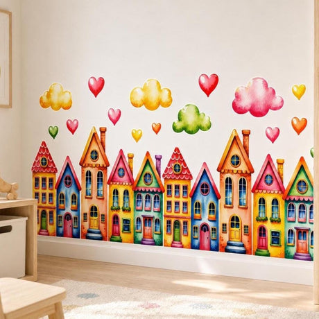 Watercolor wall vinyl decal of colorful rainbow houses in a row with cute clouds and floating hearts.