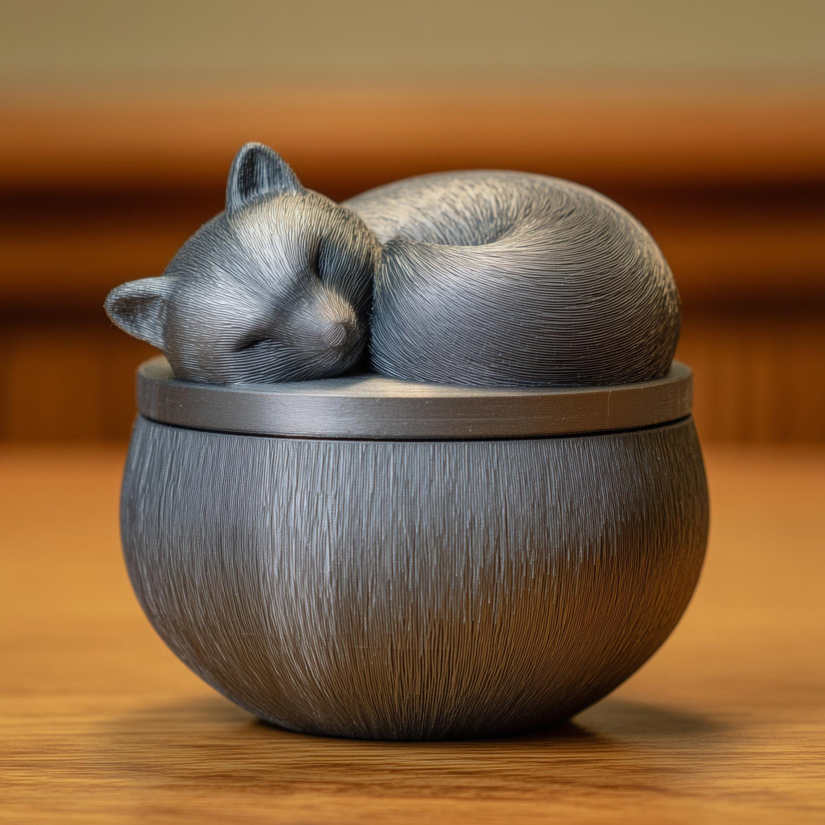 Alternate product presentation of 3D Printed Sleeping Woodland Animal Memorial Urn.