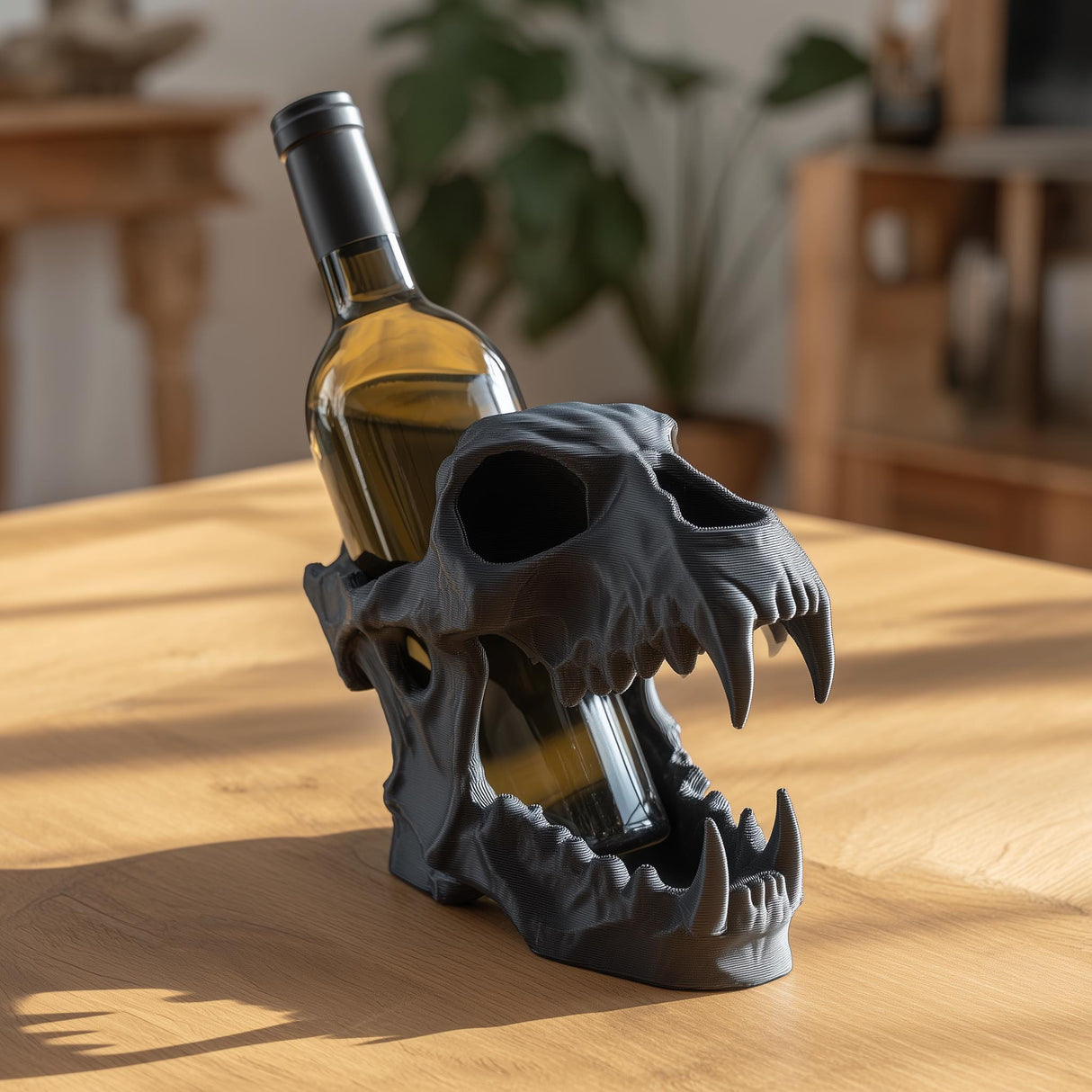 3D printed sculpted character wine bottle holder shown on a neutral background.