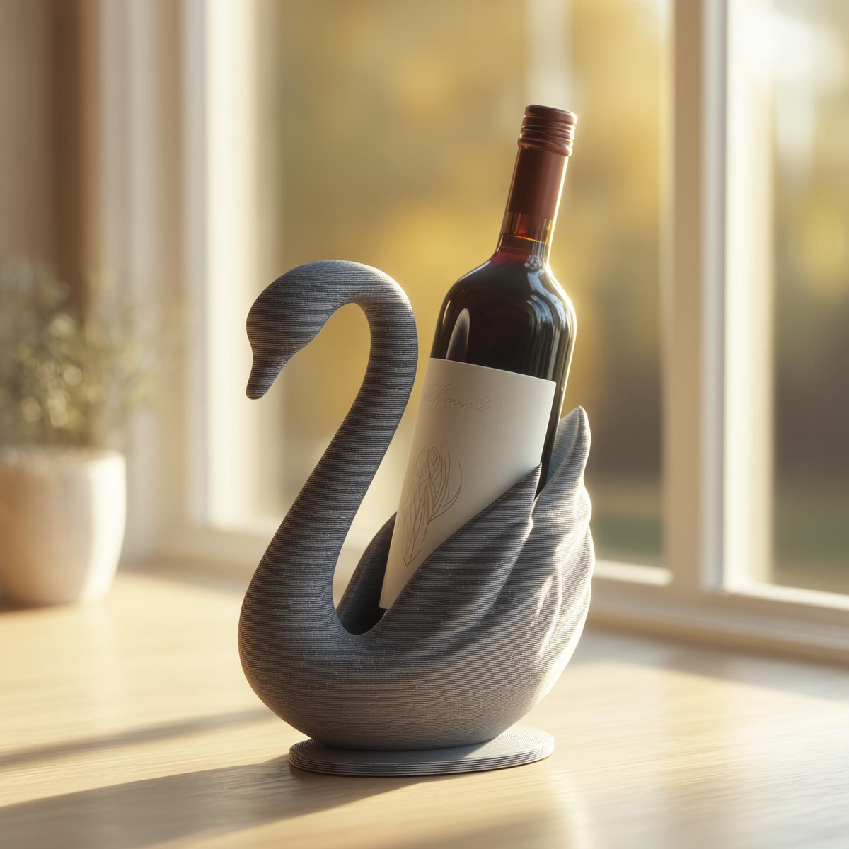 3D printed swan wine bottle holder in matte PLA holding a standard wine bottle near a sunny window.