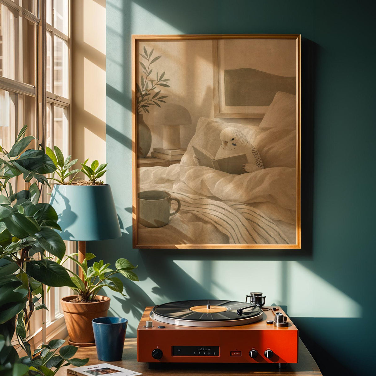 Alternate product view of White Budgerigar Reading in Bed Poster.