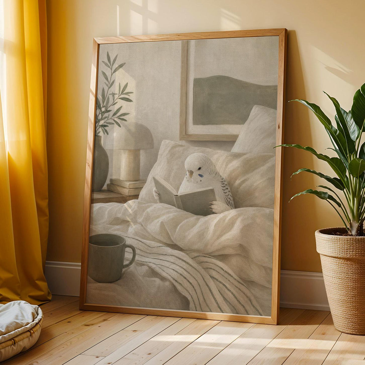 Additional product view of White Budgerigar Reading in Bed Poster.