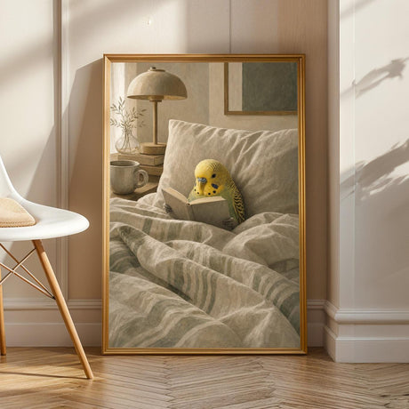 Product view of Yellowface Budgerigar Reading in Bed Poster.