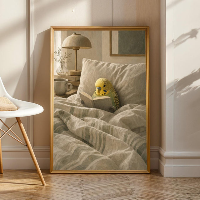 Product view of Yellowface Budgerigar Reading in Bed Poster.