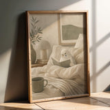 Product presentation view of White Budgerigar Reading in Bed Poster.