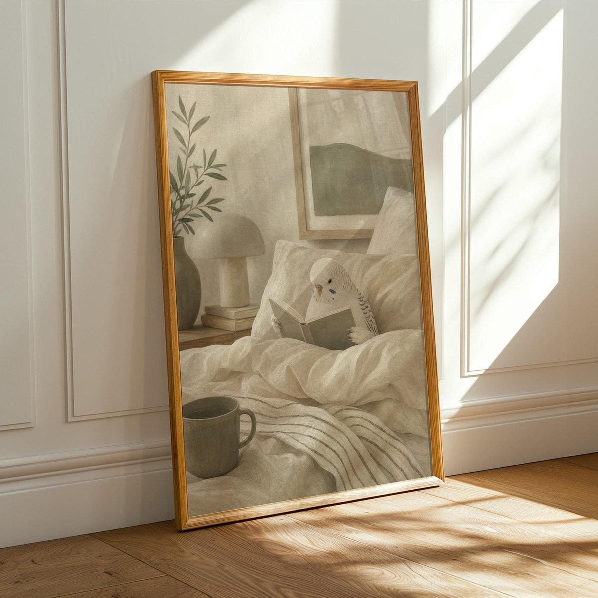 Alternate product presentation of White Budgerigar Reading in Bed Poster.