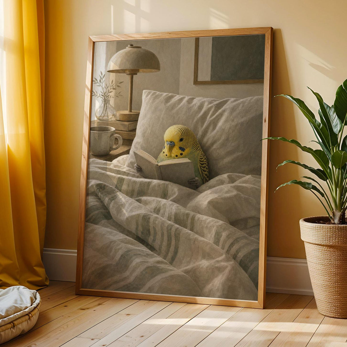 Additional product view of Yellowface Budgerigar Reading in Bed Poster.