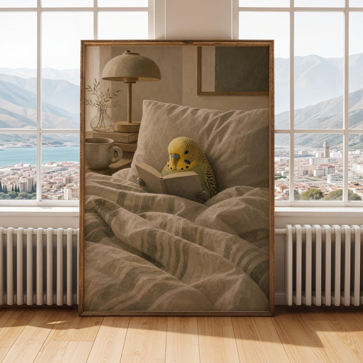 Alternate gallery view of Yellowface Budgerigar Reading in Bed Poster.