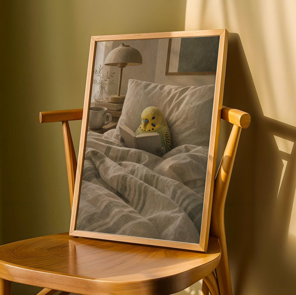 Product detail view of Yellowface Budgerigar Reading in Bed Poster.