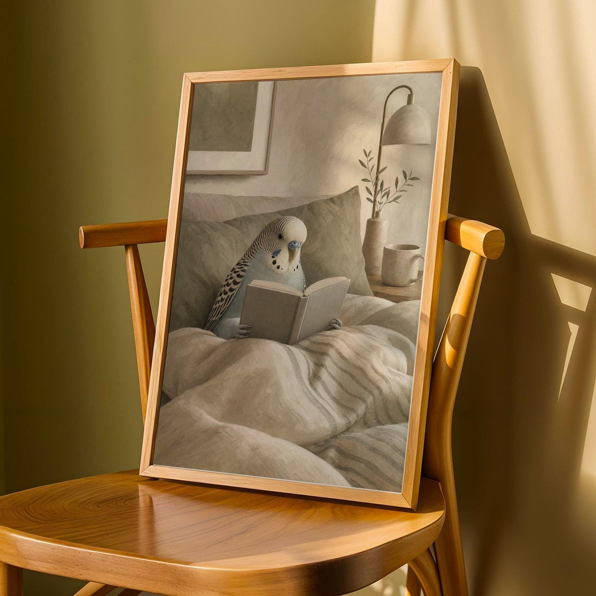 Product detail view of English Budgerigar Reading in Bed Poster.