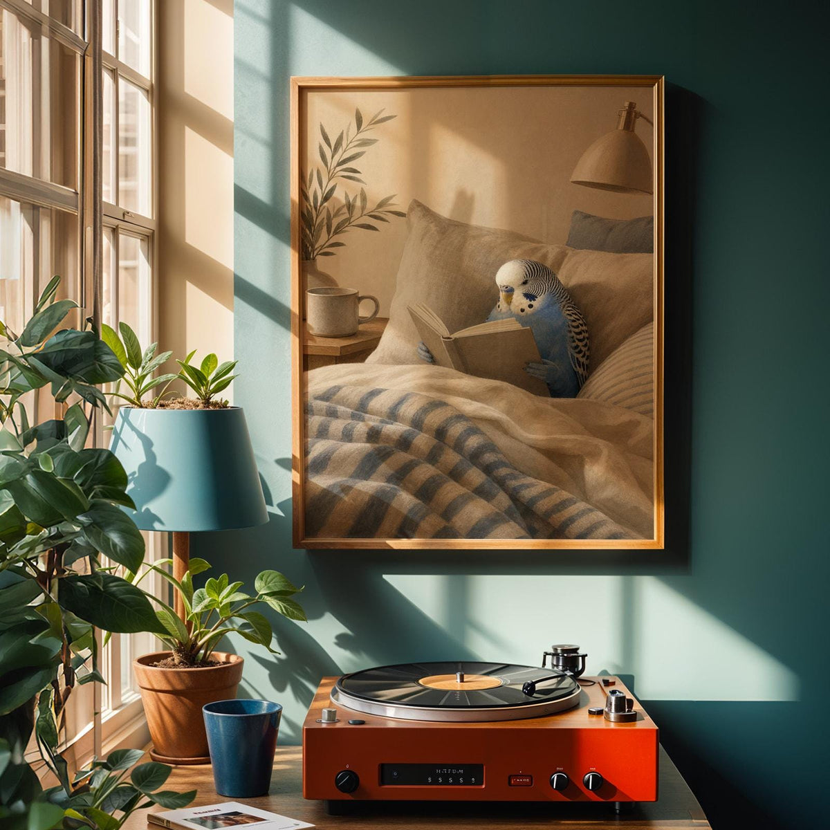 Alternate product view of Cobalt Blue Budgerigar Reading in Bed Poster.