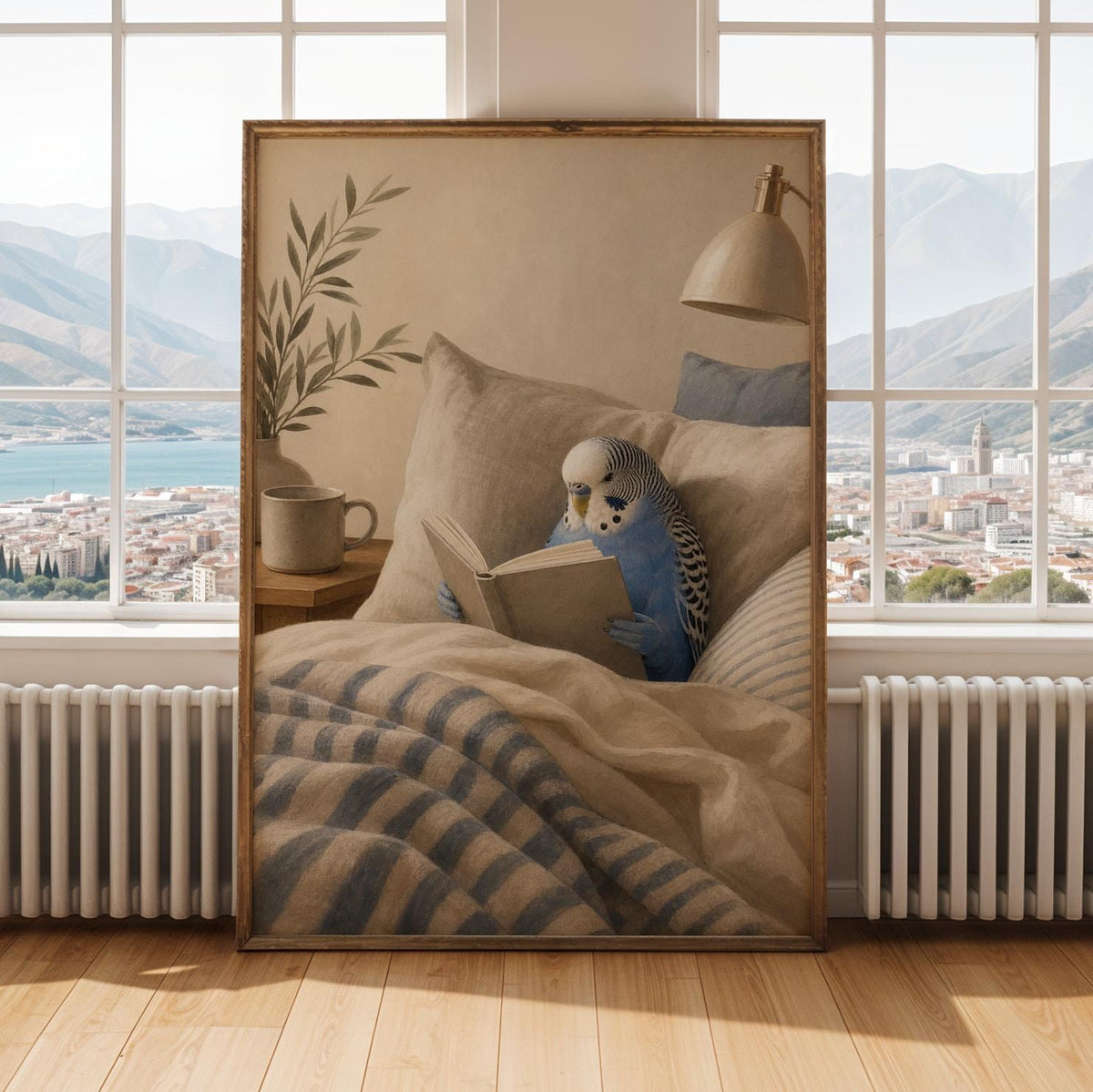 Alternate gallery view of Cobalt Blue Budgerigar Reading in Bed Poster.