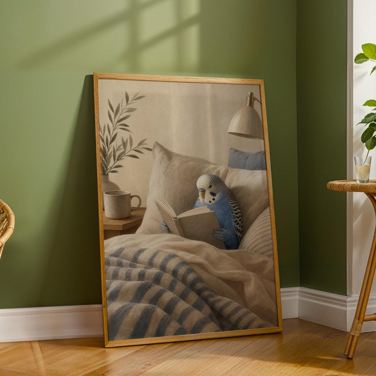 Additional product detail of Cobalt Blue Budgerigar Reading in Bed Poster.