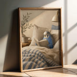 Product presentation view of Cobalt Blue Budgerigar Reading in Bed Poster.
