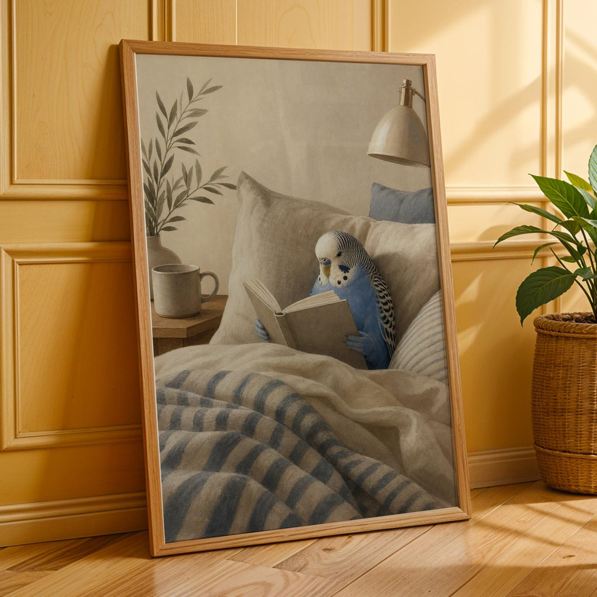 Additional product presentation of Cobalt Blue Budgerigar Reading in Bed Poster.