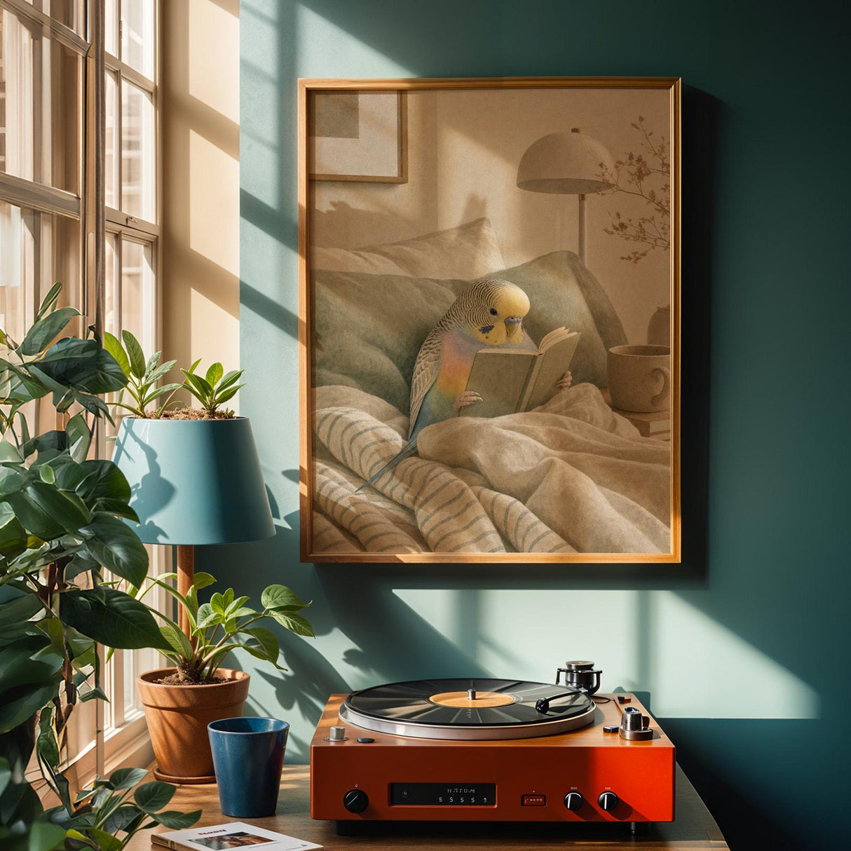 Alternate product view of Rainbow Budgerigar Reading in Bed Poster.
