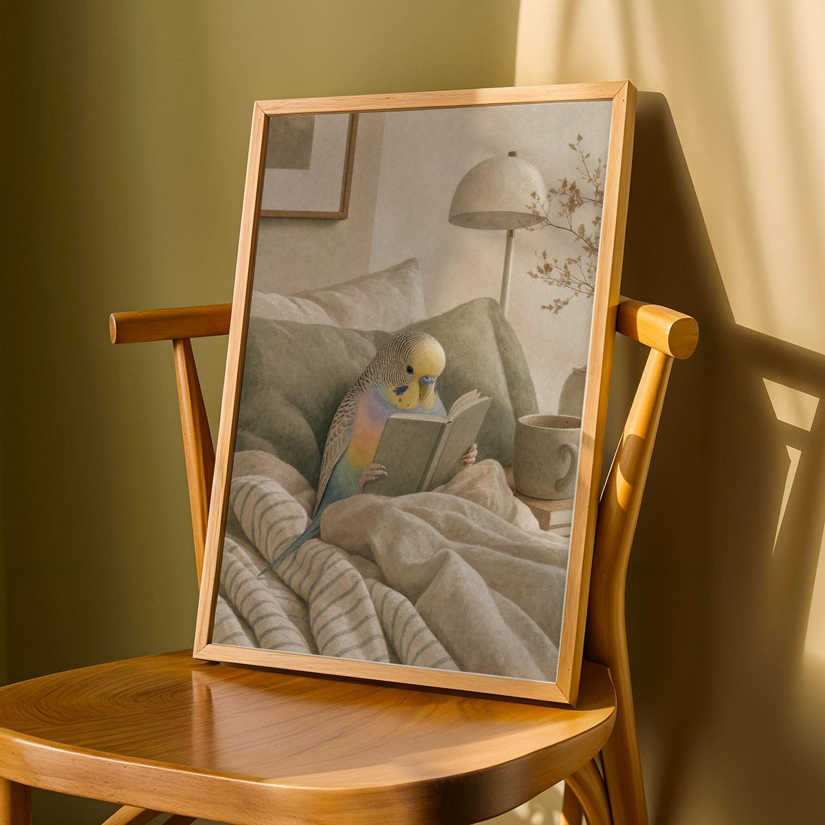 Product detail view of Rainbow Budgerigar Reading in Bed Poster.