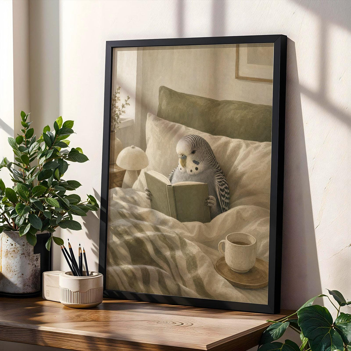 Product gallery view of Grey Budgerigar Reading in Bed Poster.