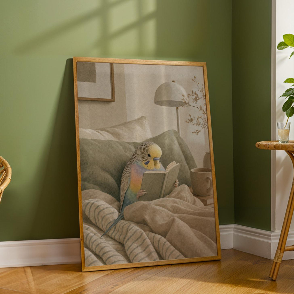 Additional product detail of Rainbow Budgerigar Reading in Bed Poster.