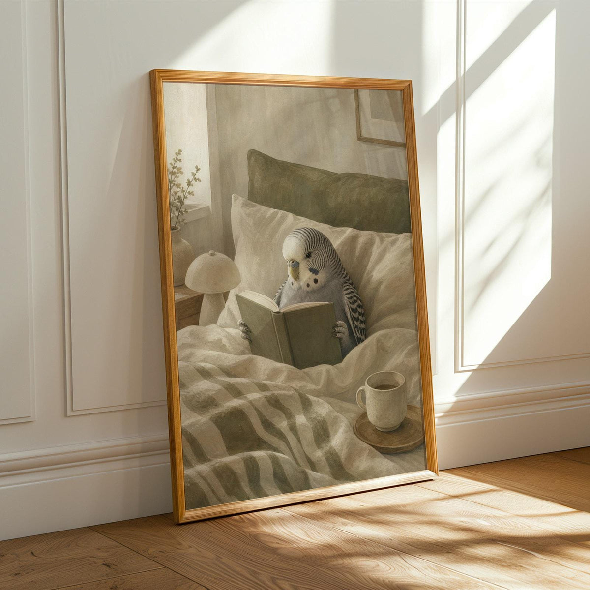 Alternate product presentation of Grey Budgerigar Reading in Bed Poster.