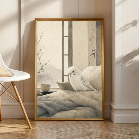 Product view of White Budgerigar Reading in Bed Poster.