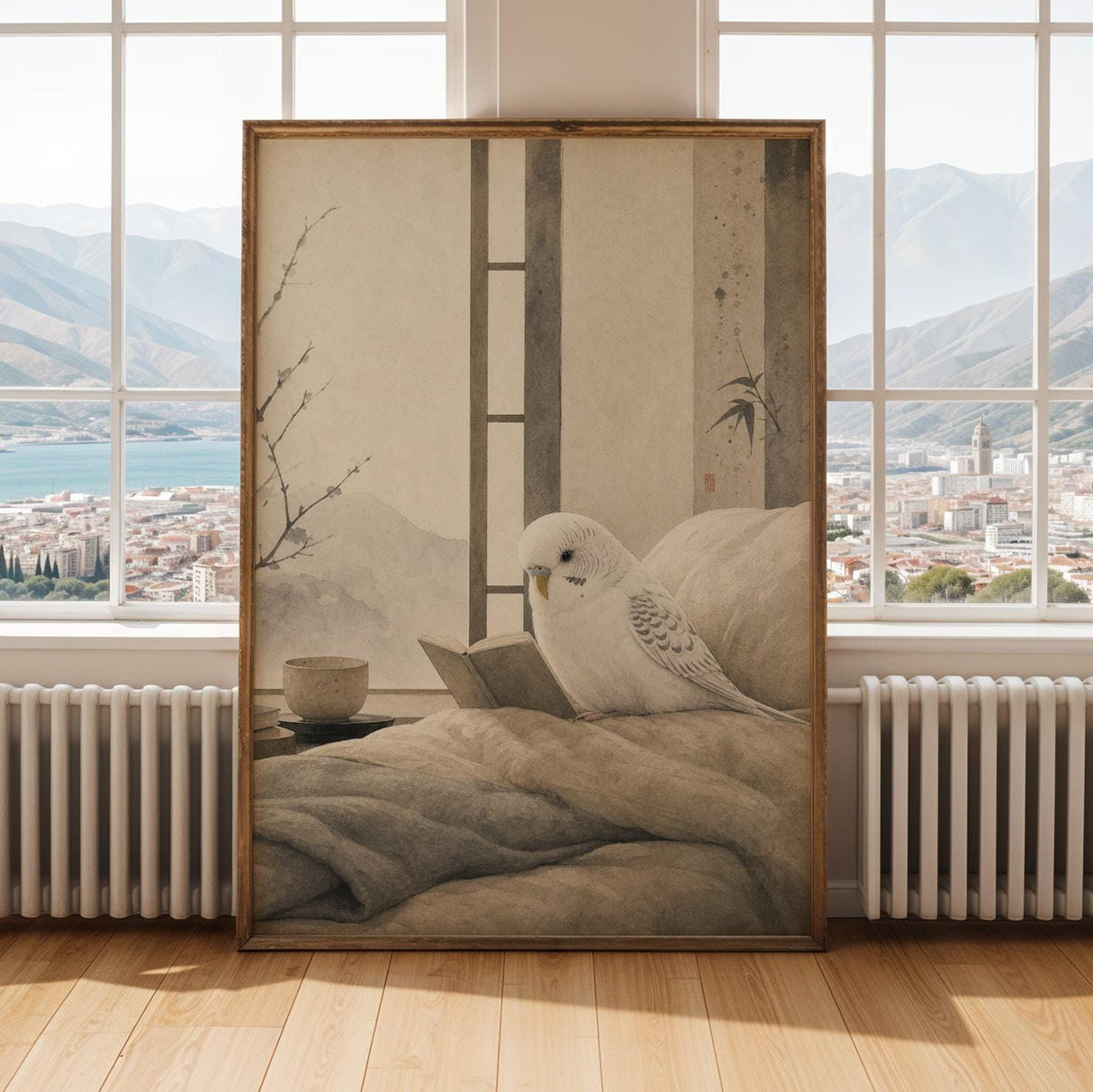 Alternate gallery view of White Budgerigar Reading in Bed Poster.