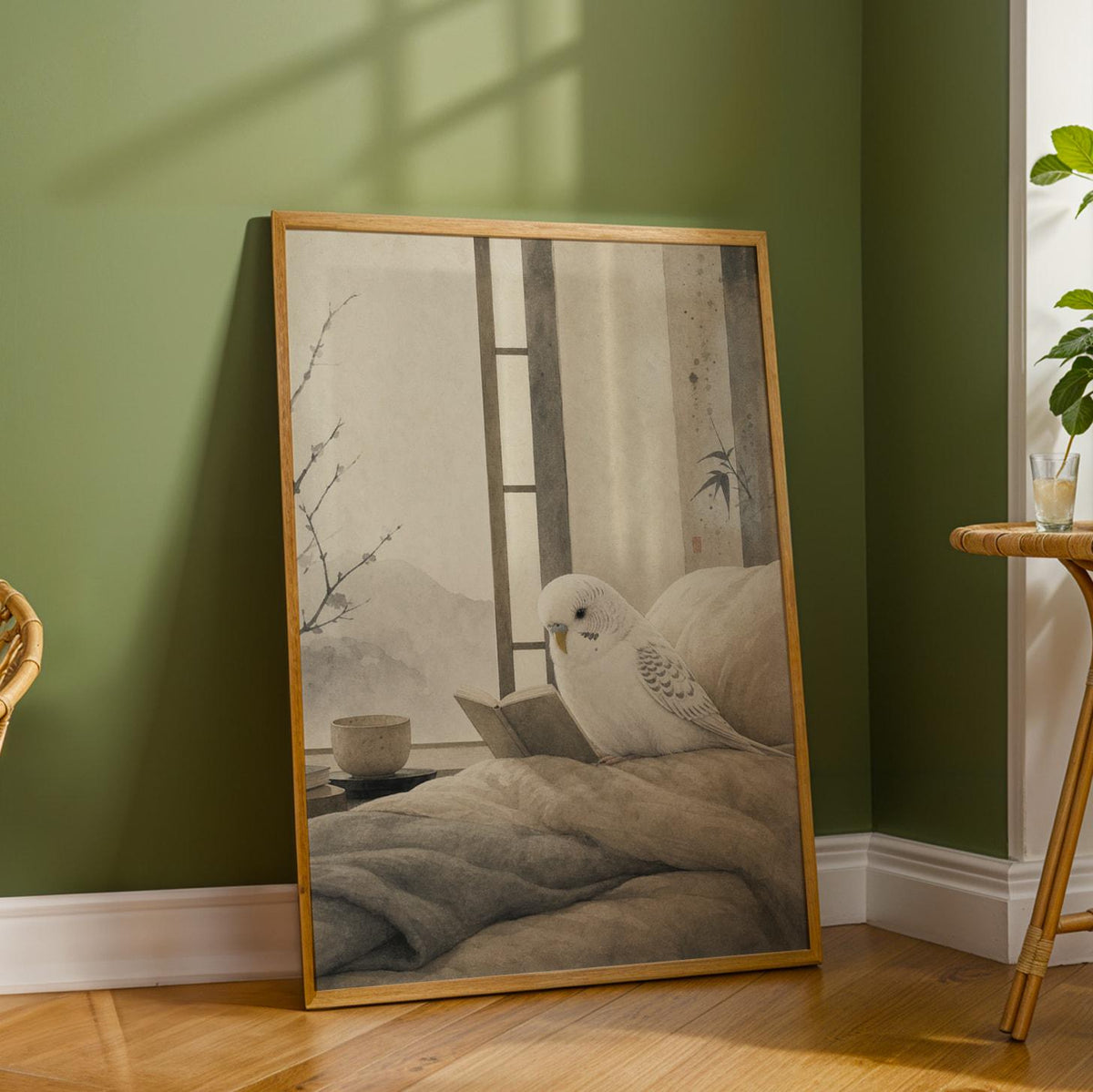Additional product detail of White Budgerigar Reading in Bed Poster.