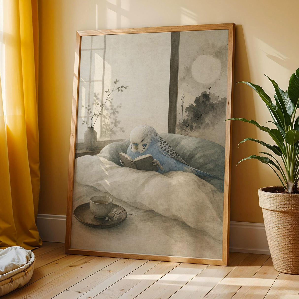 Additional product view of Sky Blue Budgerigar Reading in Bed Poster.
