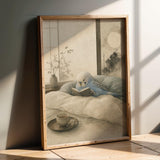 Product presentation view of Sky Blue Budgerigar Reading in Bed Poster.