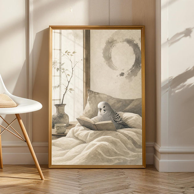 Budgerigar reading in bed poster in Japanese Zen ink wash style.