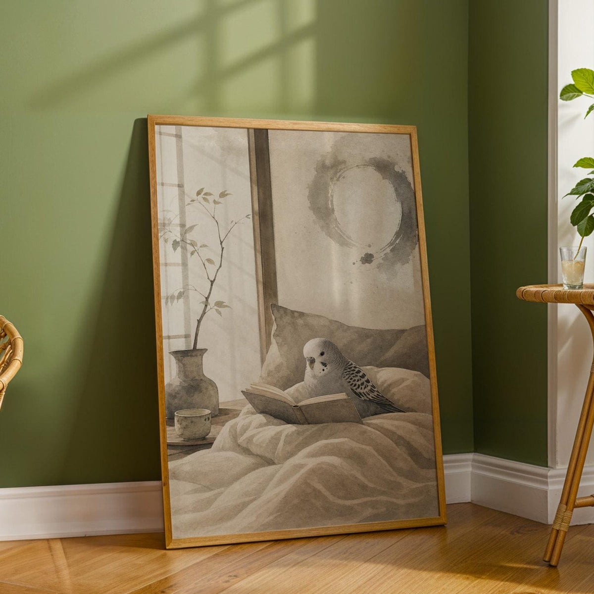 Product detail view of Budgerigar Reading in Bed Poster.