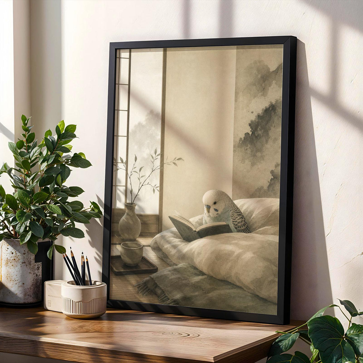 Product gallery view of English Budgerigar Reading in Bed Poster.