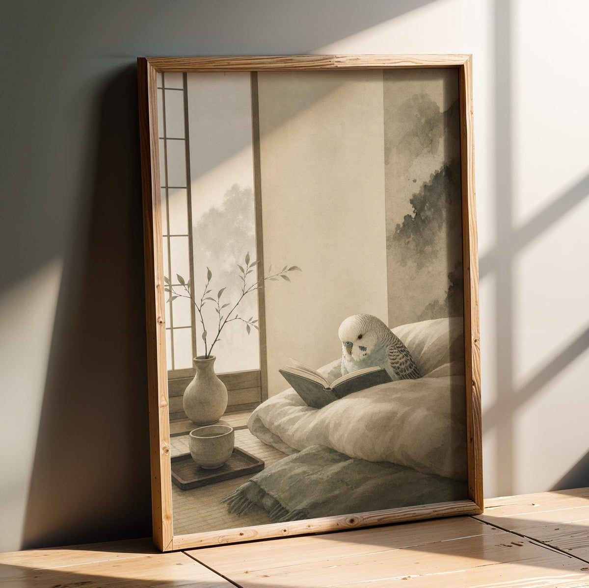 Product presentation view of English Budgerigar Reading in Bed Poster.