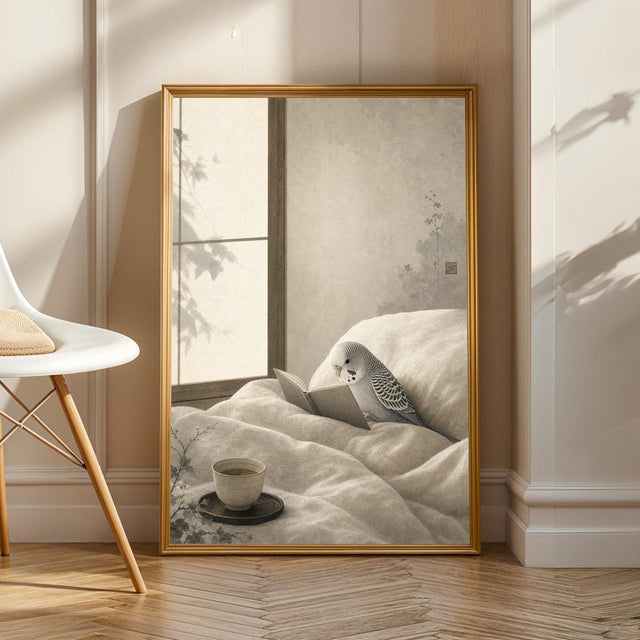 Product view of Silver Budgerigar Reading in Bed Poster.