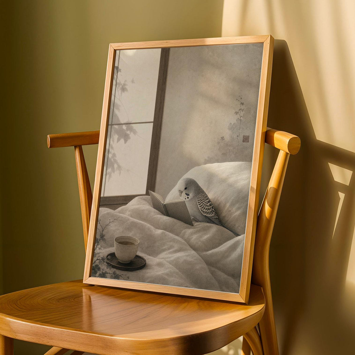 Product detail view of Silver Budgerigar Reading in Bed Poster.