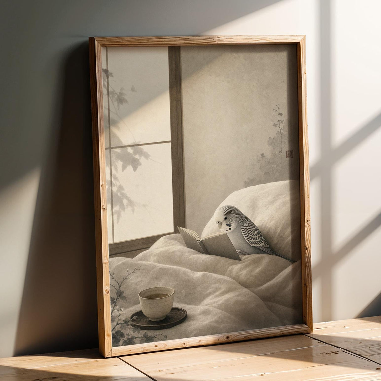 Product presentation view of Silver Budgerigar Reading in Bed Poster.