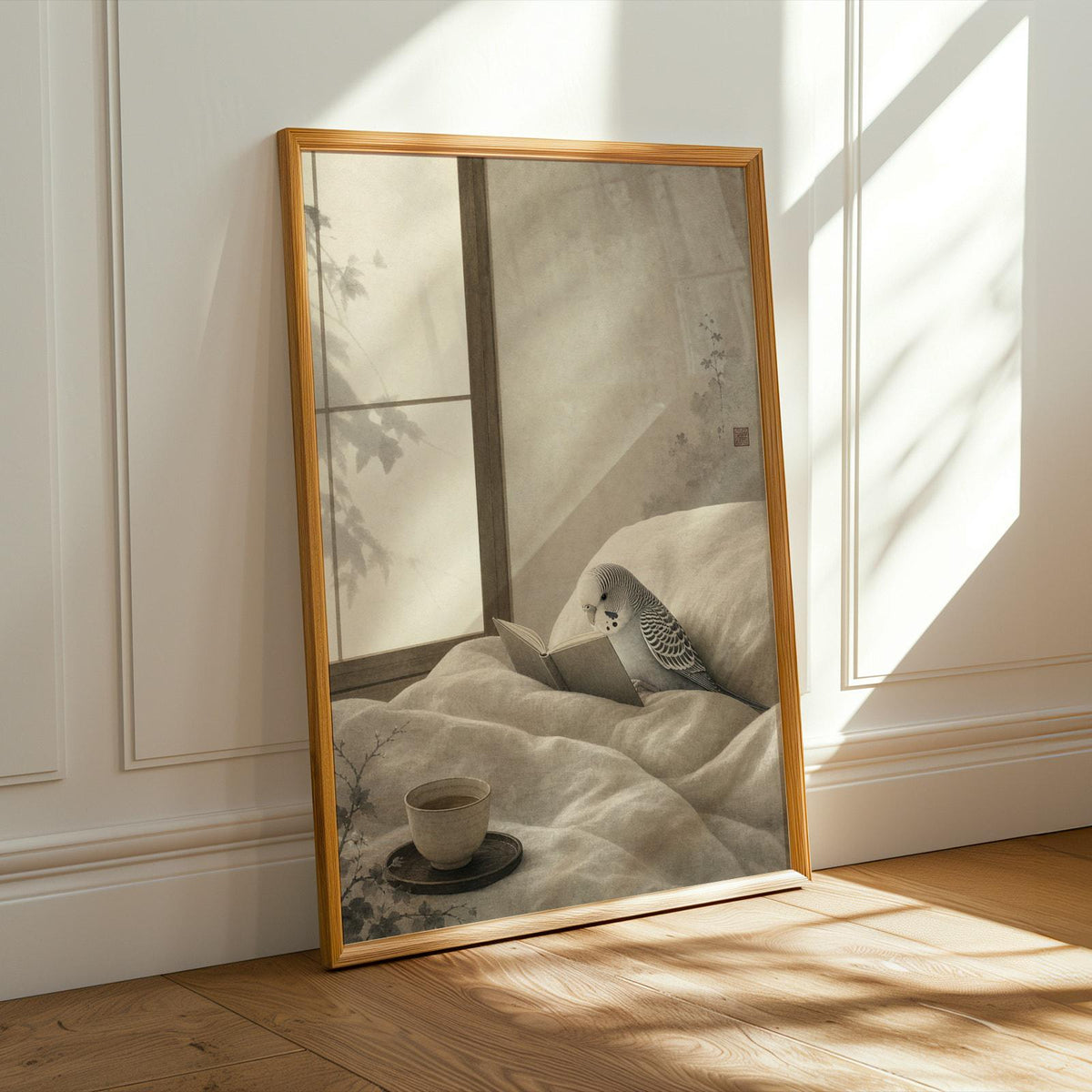 Alternate product presentation of Silver Budgerigar Reading in Bed Poster.