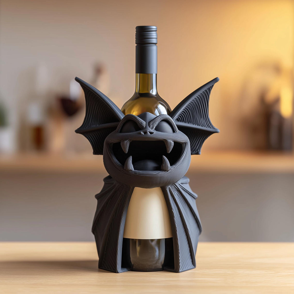 3D printed bat monster wine bottle holder with wings, teeth and open mouth
