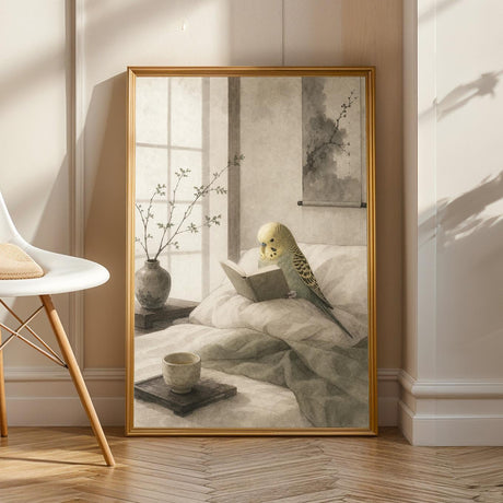 Product view of Yellowface Budgerigar Reading in Bed Poster.