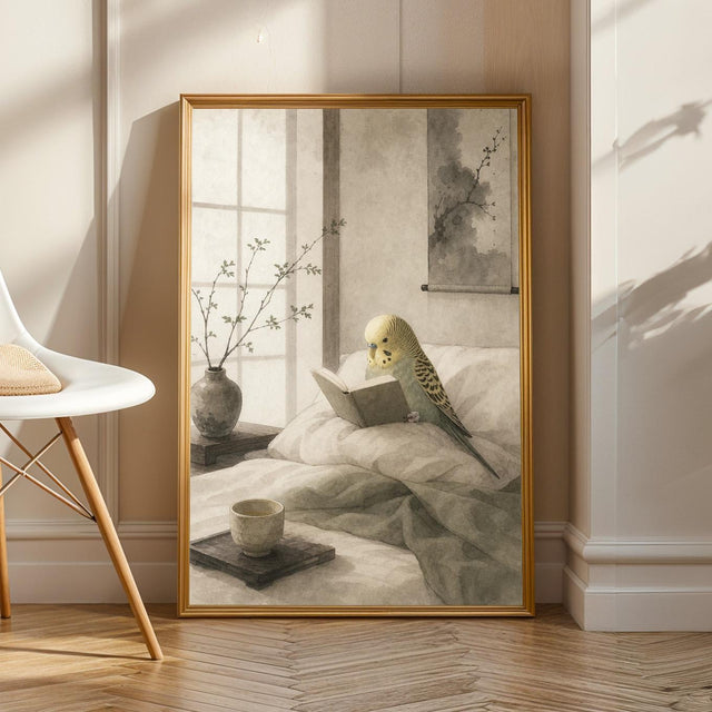 Product view of Yellowface Budgerigar Reading in Bed Poster.