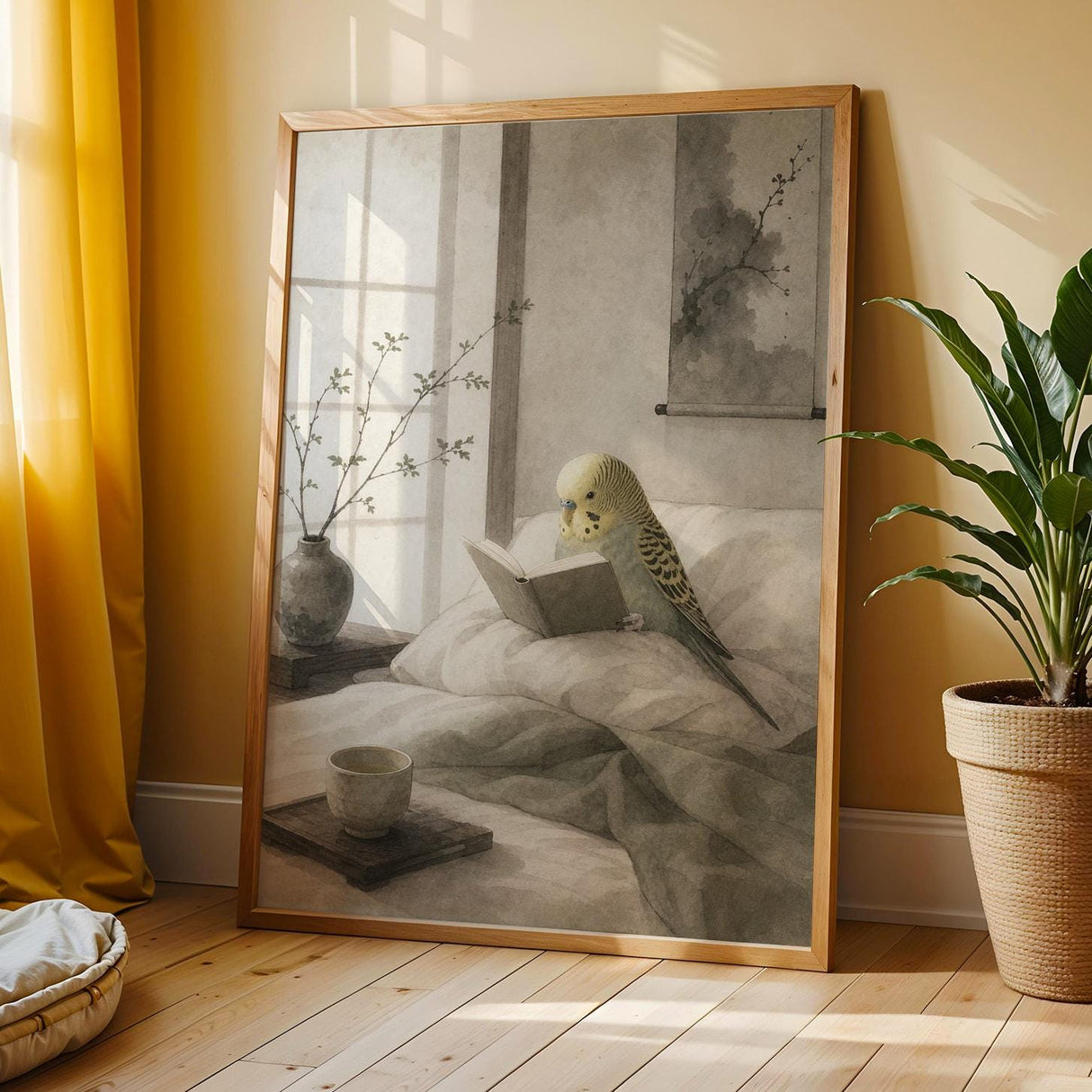 Additional product view of Yellowface Budgerigar Reading in Bed Poster.