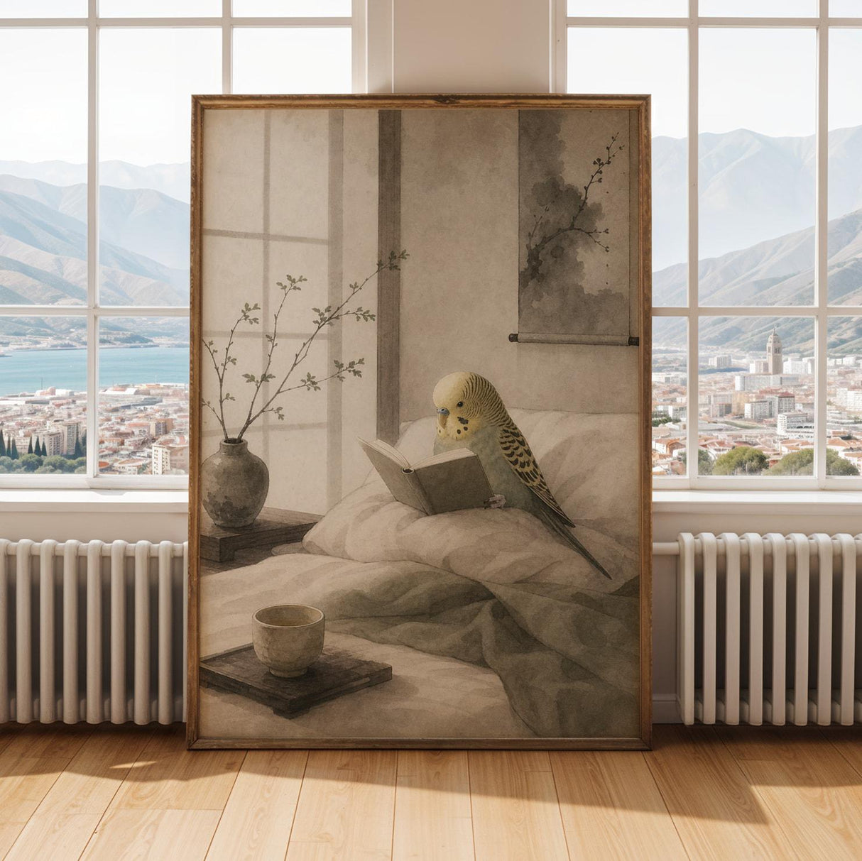 Alternate gallery view of Yellowface Budgerigar Reading in Bed Poster.
