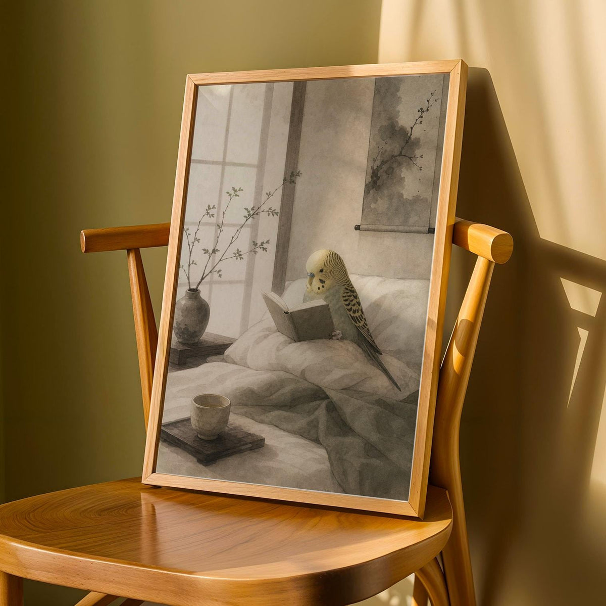 Product detail view of Yellowface Budgerigar Reading in Bed Poster.