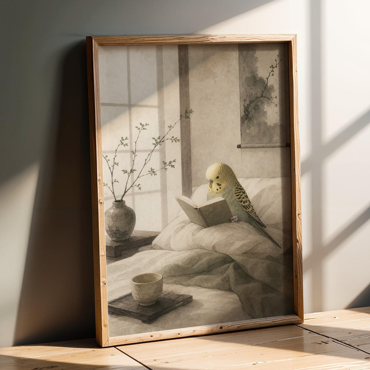 Product presentation view of Yellowface Budgerigar Reading in Bed Poster.